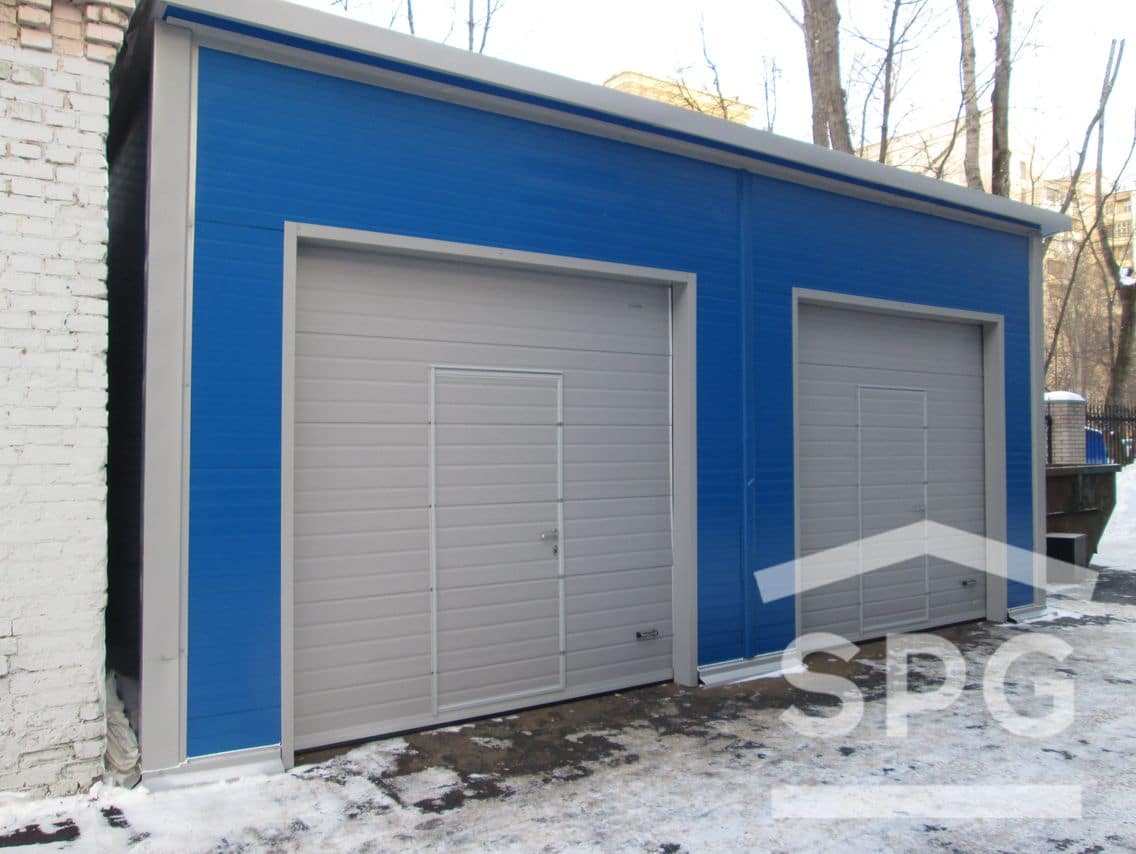 Синий гараж 8х7,5 с односкатной крышей для 2-х машин
